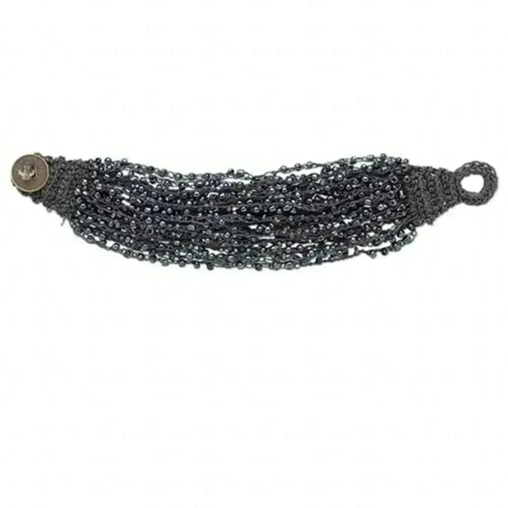 22-Strand Handcrafted Woven Charcoal Gray Beaded Glass Bracelet with Coin Clasp